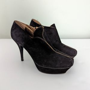 Yves Saint Laurent Black Suede Gold Accent Platform Heel Booties